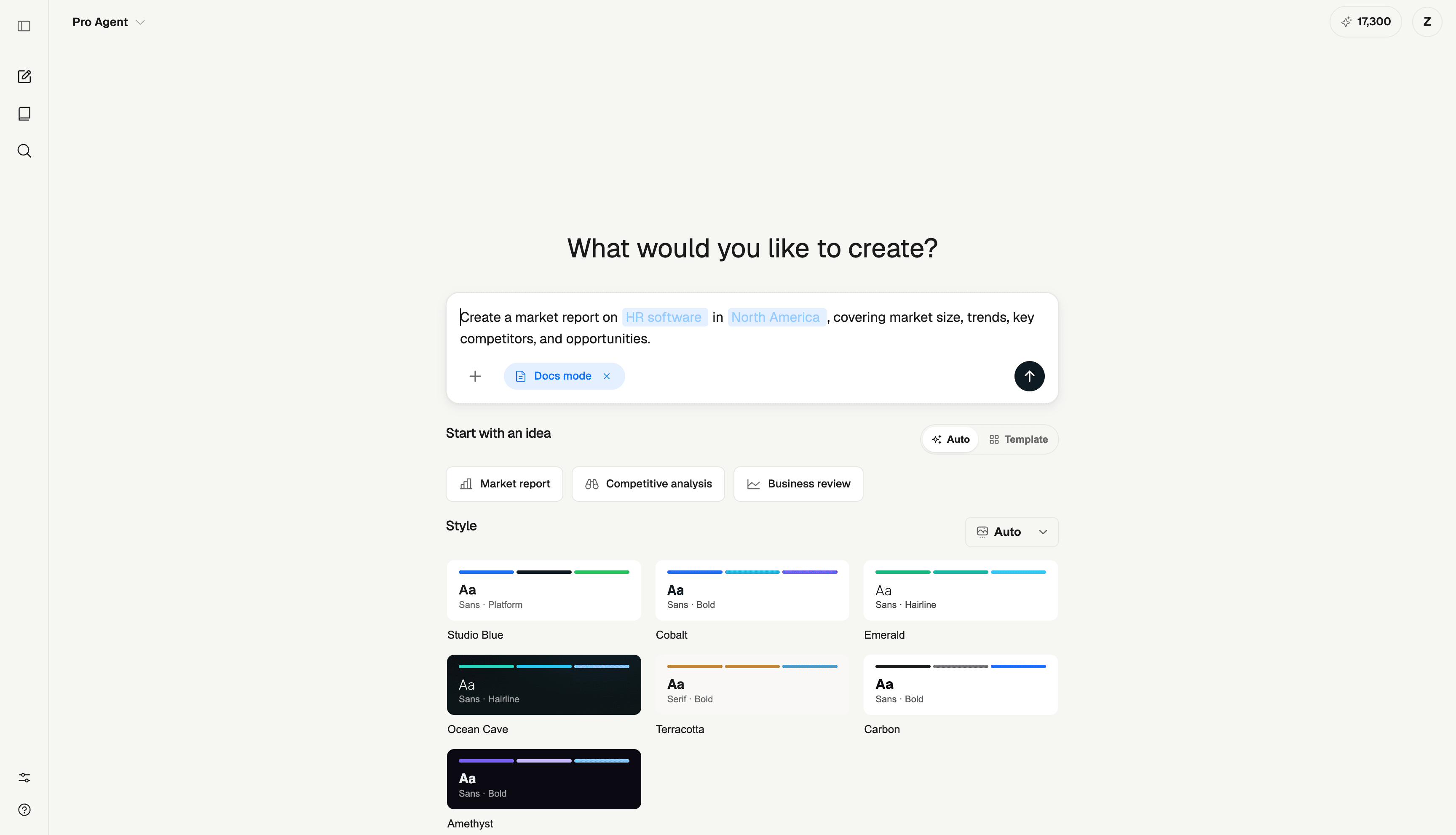 ML Clever in Docs mode with a prompt for an HR software market report in North America and visual style choices below.