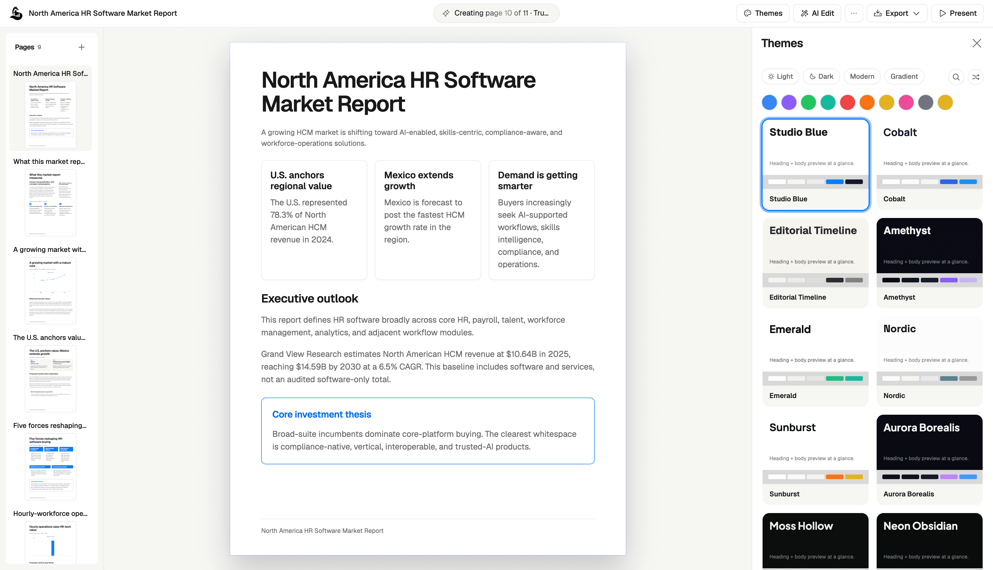 North America HR Software Market Report in the ML Clever editor, with page previews on the left and the Themes panel on the right.