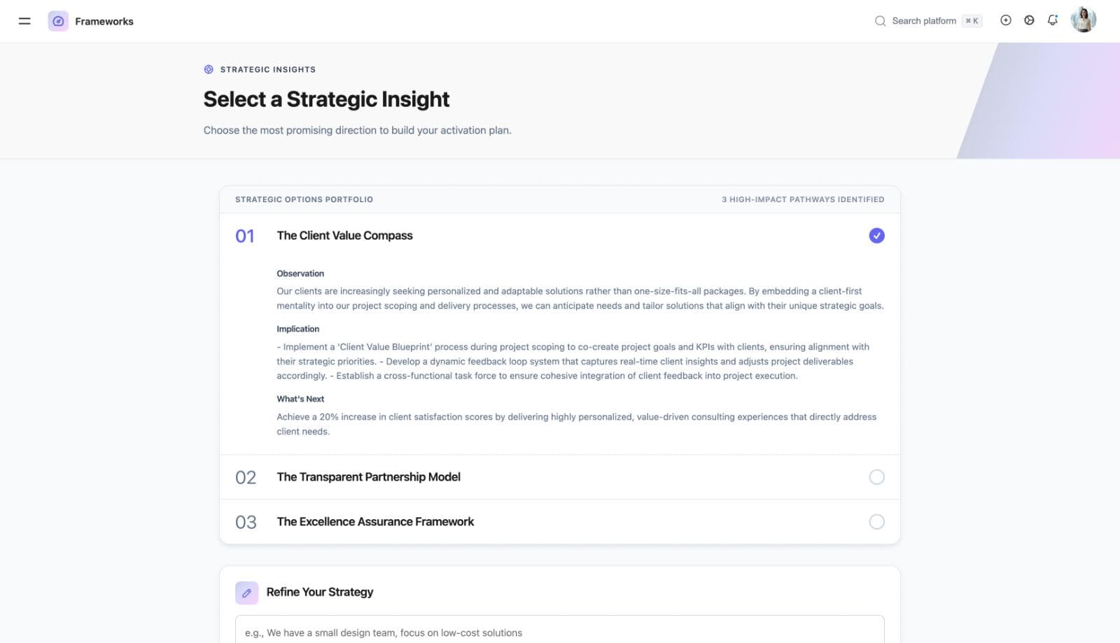 Team collaborating on a consulting insights board